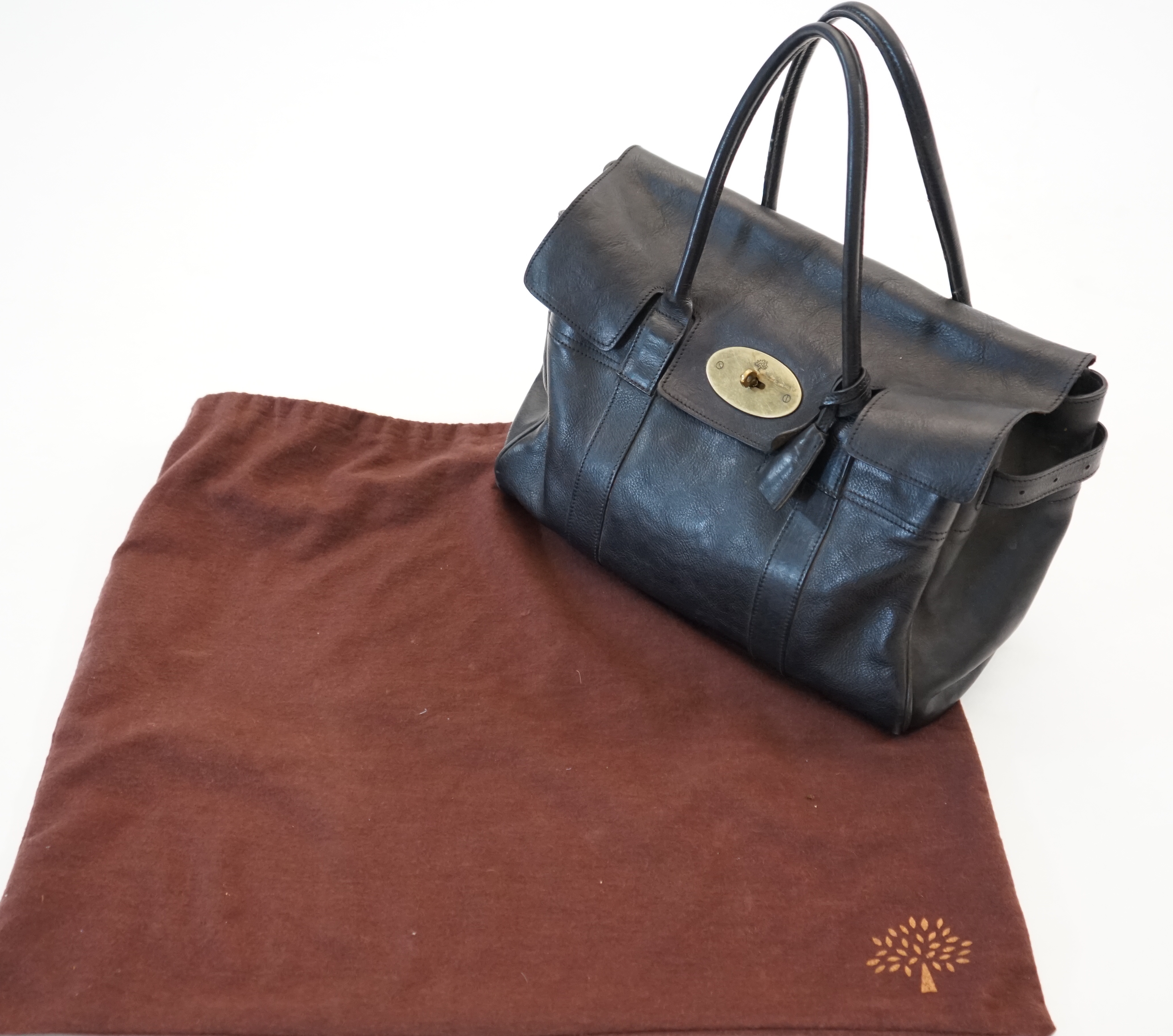 A Mulberry black leather and brass Bayswater handbag, width 36cm, depth 14cm, height 22cm